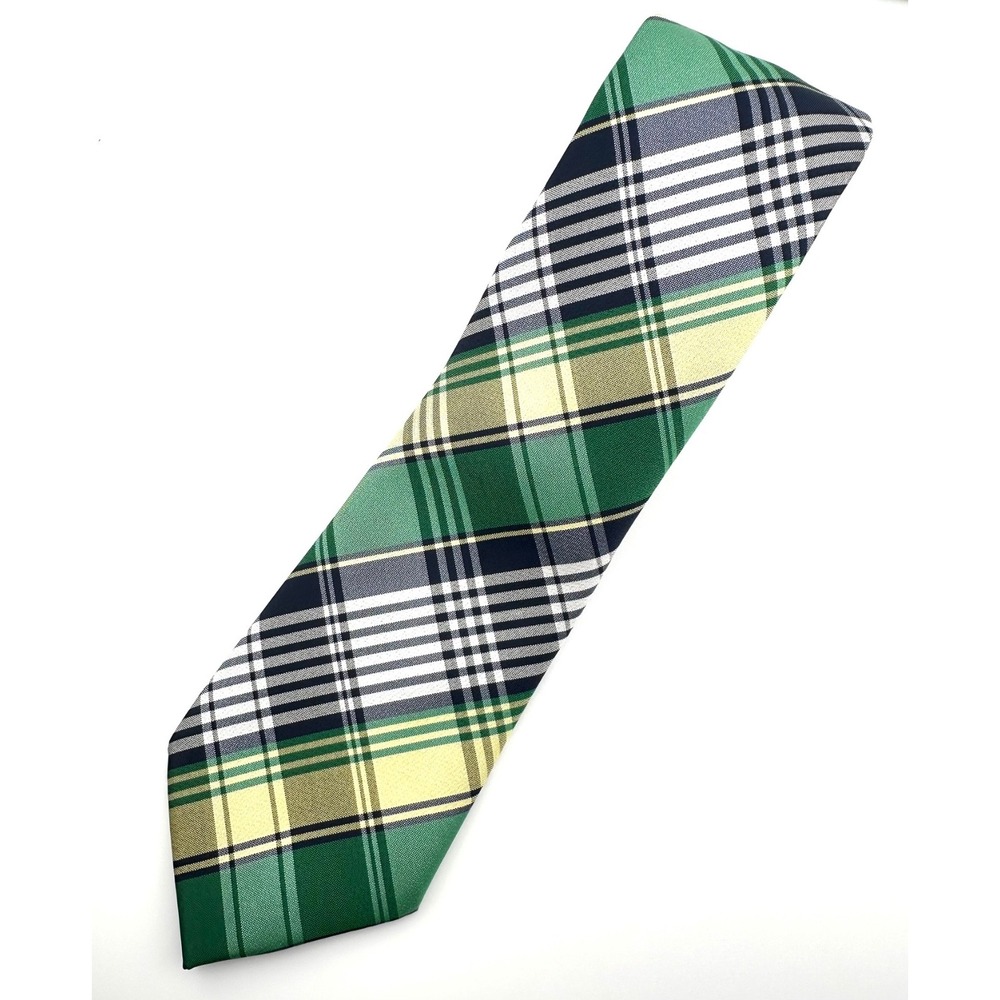 BARRY WANG Hand Tailored 100%‎ Silk Green Yellow & White Plaid Neck Tie Preppy